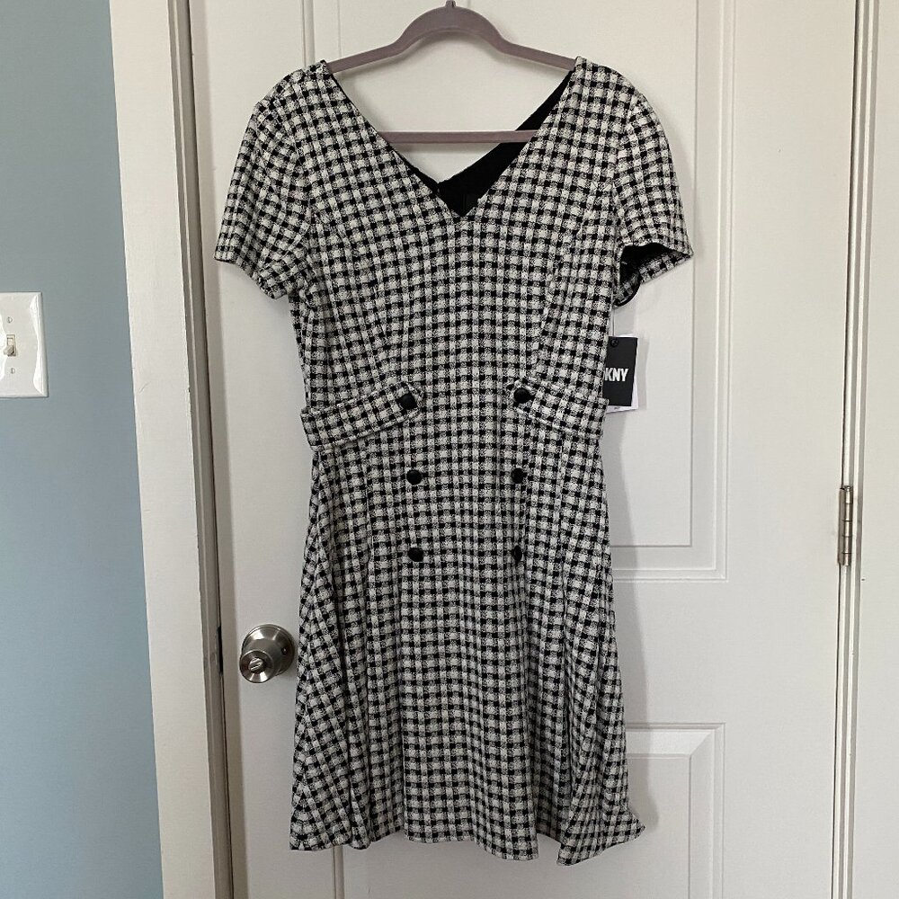 DKNY Short Sleeve V-neck Double Button Fit and Flare Dress